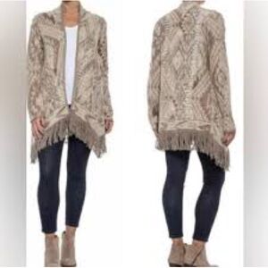 Lucky Brand Beige Patterned Cardigan with Fringe